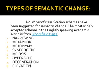 A number of classification schemes have
been suggested for semantic change.The most widely
accepted scheme in the English-speaking Academic
World is from Bloomfield (1933):
1. NARROWING
2. METAPHOR
3. METONYMY
4. SYNECDOCHE
5. MEIOSIS
6. HYPERBOLE
7. DEGENERATION
8. ELEVATION
 