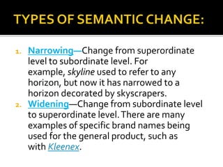 1. Narrowing—Change from superordinate
level to subordinate level. For
example, skyline used to refer to any
horizon, but now it has narrowed to a
horizon decorated by skyscrapers.
2. Widening—Change from subordinate level
to superordinate level.There are many
examples of specific brand names being
used for the general product, such as
with Kleenex.
 