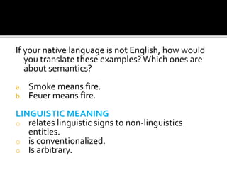 If your native language is not English, how would
you translate these examples?Which ones are
about semantics?
a. Smoke means fire.
b. Feuer means fire.
LINGUISTIC MEANING
o relates linguistic signs to non-linguistics
entities.
o is conventionalized.
o Is arbitrary.
 
