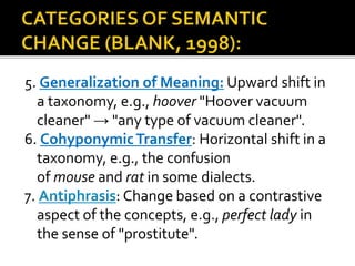 5. Generalization of Meaning: Upward shift in
a taxonomy, e.g., hoover "Hoover vacuum
cleaner" → "any type of vacuum cleaner".
6. CohyponymicTransfer: Horizontal shift in a
taxonomy, e.g., the confusion
of mouse and rat in some dialects.
7. Antiphrasis: Change based on a contrastive
aspect of the concepts, e.g., perfect lady in
the sense of "prostitute".
 