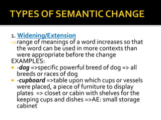 1. Widening/Extension
range of meanings of a word increases so that
the word can be used in more contexts than
were appropriate before the change
EXAMPLES:
 -dog =>specific powerful breed of dog => all
breeds or races of dog
 -cupboard =>table upon which cups or vessels
were placed, a piece of furniture to display
plates => closet or cabin with shelves for the
keeping cups and dishes =>AE: small storage
cabinet
 