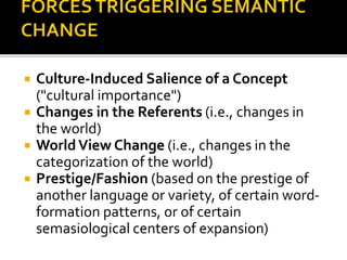  Culture-Induced Salience of a Concept
("cultural importance")
 Changes in the Referents (i.e., changes in
the world)
 WorldView Change (i.e., changes in the
categorization of the world)
 Prestige/Fashion (based on the prestige of
another language or variety, of certain word-
formation patterns, or of certain
semasiological centers of expansion)
 