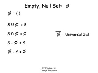 IST STudies - UH
George Pasparakis
Empty, Null Set:
= { }
S U = S
S =
S - = S
- S =
U
= Universal Set
 