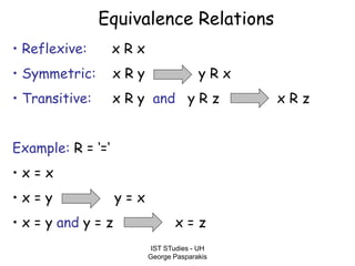 IST STudies - UH
George Pasparakis
Equivalence Relations
• Reflexive: x R x
• Symmetric: x R y y R x
• Transitive: x R y and y R z x R z
Example: R = ‘=‘
• x = x
• x = y y = x
• x = y and y = z x = z
 