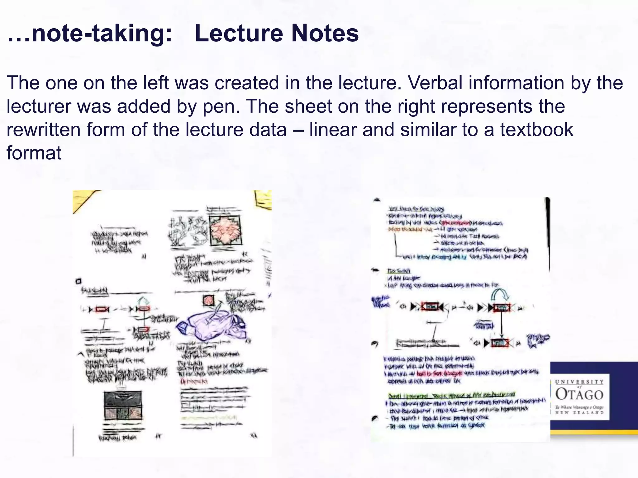 …note-taking: Lecture Notes
The one on the left was created in the lecture. Verbal information by the
lecturer was added by pen. The sheet on the right represents the
rewritten form of the lecture data – linear and similar to a textbook
format
 