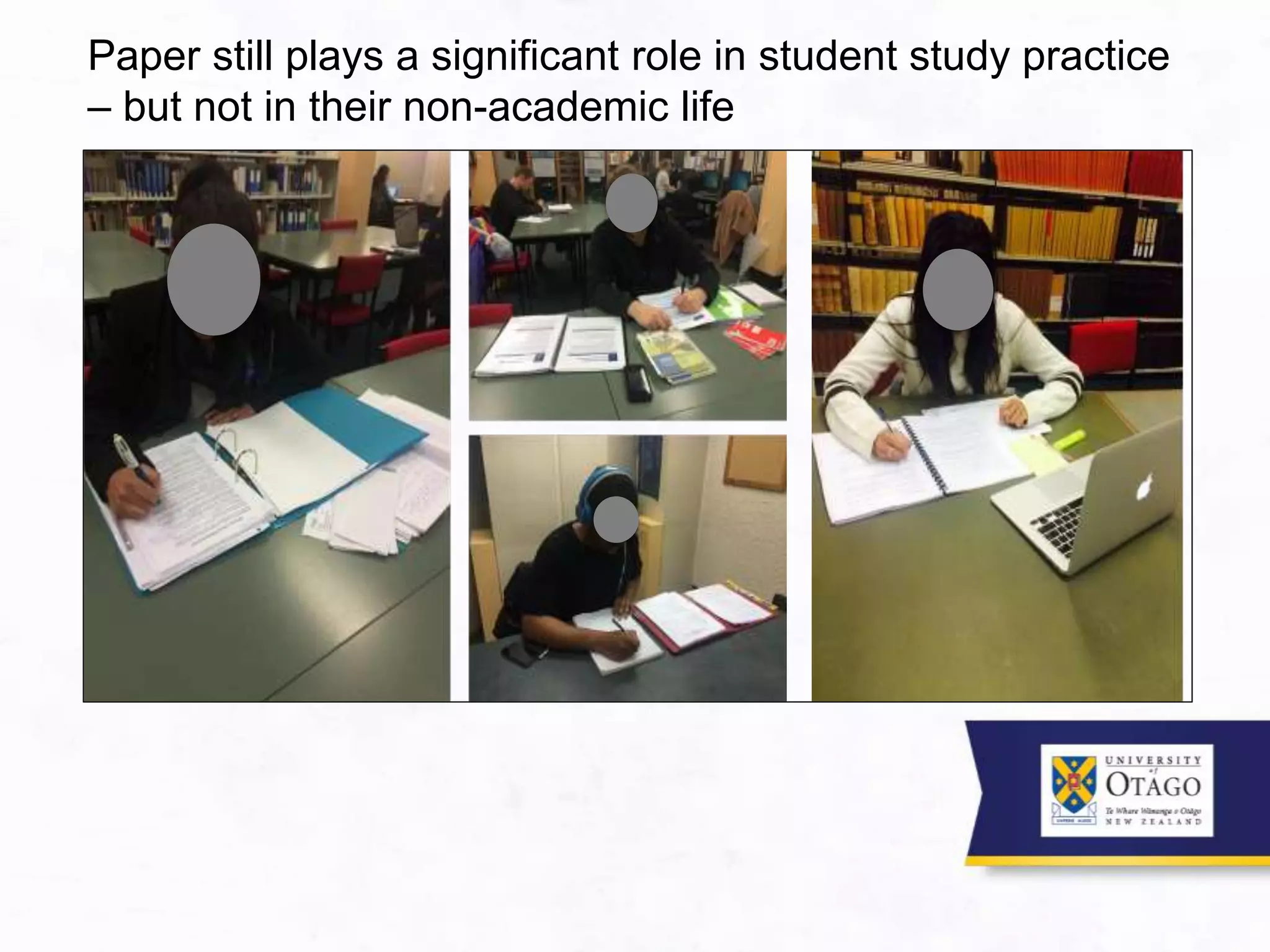 Paper still plays a significant role in student study practice
– but not in their non-academic life
 