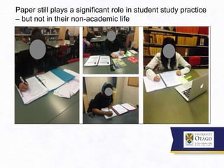 Paper still plays a significant role in student study practice
– but not in their non-academic life
 