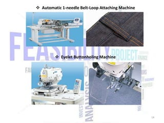 Automatic 1-needle Belt-Loop Attaching Machine

 Eyelet Buttonholing Machine

14

 