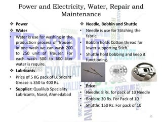 Power and Electricity, Water, Repair and
Maintenance
 Power
 Water
• Water is use for washing in the
production process of Trouser.
In one wash we can wash 200
to 250 unit of Trouser. For
each wash 500 to 600 liter
water is require.
 Lubricants
• Price of 5 KG pack of Lubricant
Grease is 350 to 400 Rs.
• Supplier: Qualilub Speciality
Lubricants, Narol, Ahmedabad

 Needle, Bobbin and Shuttle
• Needle is use for Stitching the
fabric.
• Bobbin holds Cotton thread for
lower supporting Stich.
• Shuttle hold bobbing and keep it
functioning.

•
•
•
•

Price:
Needle: 8 Rs. for pack of 10 Needle
Bobbin: 30 Rs. For Pack of 10
Shuttle: 150 Rs. For pack of 10
20

 