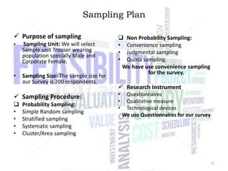Sampling Plan
 Purpose of sampling
•

Sampling Unit: We will select
Sample unit Trouser wearing
population specially Male and
Corporate Female.

•

Sampling Size: The sample size for
our Survey is 200 respondents.

 Sampling Procedure:

•
•
•
•

Probability Sampling:
Simple Random sampling
Stratified sampling
Systematic sampling
Cluster/Area sampling

 Non Probability Sampling:
• Convenience sampling
• Judgmental sampling
• Quota sampling
We have use convenience sampling
for the survey.

 Research Instrument
•
•
•

Questionnaires
Qualitative measure
Technological devices
We use Questionnaires for our survey

22

 