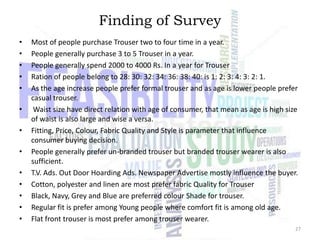 Finding of Survey
•
•
•
•
•
•
•
•

•
•
•
•
•

Most of people purchase Trouser two to four time in a year.
People generally purchase 3 to 5 Trouser in a year.
People generally spend 2000 to 4000 Rs. In a year for Trouser
Ration of people belong to 28: 30: 32: 34: 36: 38: 40: is 1: 2: 3: 4: 3: 2: 1.
As the age increase people prefer formal trouser and as age is lower people prefer
casual trouser.
Waist size have direct relation with age of consumer, that mean as age is high size
of waist is also large and wise a versa.
Fitting, Price, Colour, Fabric Quality and Style is parameter that influence
consumer buying decision.
People generally prefer un-branded trouser but branded trouser wearer is also
sufficient.
T.V. Ads. Out Door Hoarding Ads. Newspaper Advertise mostly influence the buyer.
Cotton, polyester and linen are most prefer fabric Quality for Trouser
Black, Navy, Grey and Blue are preferred colour Shade for trouser.
Regular fit is prefer among Young people where comfort fit is among old age.
Flat front trouser is most prefer among trouser wearer.
27

 