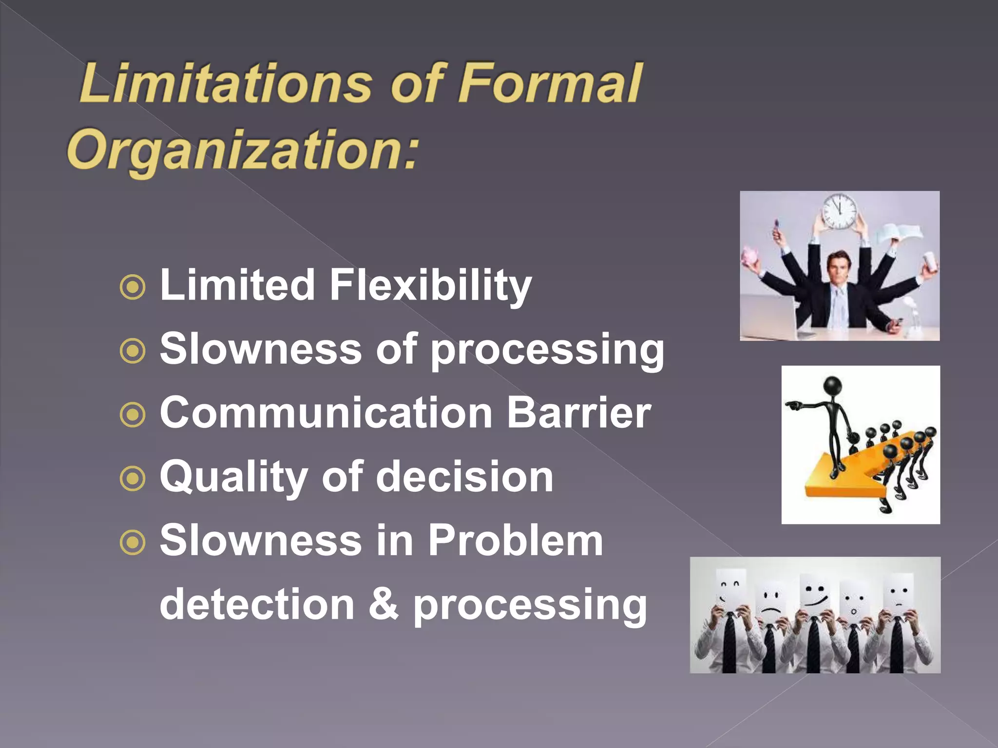  Limited Flexibility 
 Slowness of processing 
 Communication Barrier 
 Quality of decision 
 Slowness in Problem 
detection & processing 
 