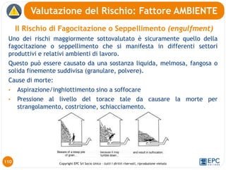 Copyright EPC Srl Socio Unico – tutti i diritti riservati, riproduzione vietata
Il Rischio di Fagocitazione o Seppellimento (engulfment)
Uno dei rischi maggiormente sottovalutato è sicuramente quello della
fagocitazione o seppellimento che si manifesta in differenti settori
produttivi e relativi ambienti di lavoro.
Questo può essere causato da una sostanza liquida, melmosa, fangosa o
solida finemente suddivisa (granulare, polvere).
Cause di morte:
• Aspirazione/inghiottimento sino a soffocare
• Pressione al livello del torace tale da causare la morte per
strangolamento, costrizione, schiacciamento.
110
Valutazione del Rischio: Fattore AMBIENTE
 