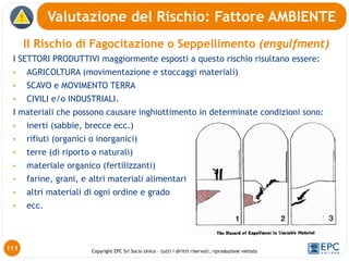 Copyright EPC Srl Socio Unico – tutti i diritti riservati, riproduzione vietata
Il Rischio di Fagocitazione o Seppellimento (engulfment)
I SETTORI PRODUTTIVI maggiormente esposti a questo rischio risultano essere:
• AGRICOLTURA (movimentazione e stoccaggi materiali)
• SCAVO e MOVIMENTO TERRA
• CIVILI e/o INDUSTRIALI.
I materiali che possono causare inghiottimento in determinate condizioni sono:
• inerti (sabbie, brecce ecc.)
• rifiuti (organici o inorganici)
• terre (di riporto o naturali)
• materiale organico (fertilizzanti)
• farine, grani, e altri materiali alimentari
• altri materiali di ogni ordine e grado
• ecc.
Valutazione del Rischio: Fattore AMBIENTE
111
 