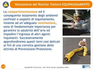 Copyright EPC Srl Socio Unico – tutti i diritti riservati, riproduzione vietata
La compartimentazione ed il
conseguente isolamento degli ambienti
confinati o sospetti di inquinamento,
insieme ad un’adeguata ventilazione,
sono di fondamentale importanza per
garantire la salubrità dell’aria ed
impedire l’ingresso di altri agenti
inquinanti. Successivamente
approfondiremo questi temi così delicati
ai fini di una corretta gestione delle
attività di Prevenzione/Protezione.
Valutazione del Rischio: Fattore EQUIPAGGIAMENTO
115
 