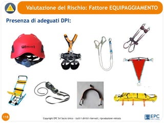Copyright EPC Srl Socio Unico – tutti i diritti riservati, riproduzione vietata
Presenza di adeguati DPI:
118
Valutazione del Rischio: Fattore EQUIPAGGIAMENTO
 