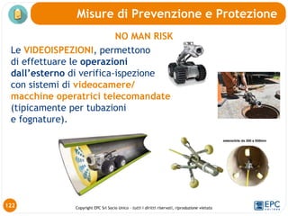 Copyright EPC Srl Socio Unico – tutti i diritti riservati, riproduzione vietata
NO MAN RISK
Le VIDEOISPEZIONI, permettono
di effettuare le operazioni
dall’esterno di verifica-ispezione
con sistemi di videocamere/
macchine operatrici telecomandate
(tipicamente per tubazioni
e fognature).
Misure di Prevenzione e Protezione
122
 