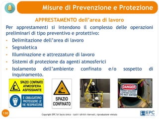 Copyright EPC Srl Socio Unico – tutti i diritti riservati, riproduzione vietata
APPRESTAMENTO dell’area di lavoro
Per apprestamenti si intendono il complesso delle operazioni
preliminari di tipo preventivo e protettivo:
• Delimitazione dell’area di lavoro
• Segnaletica
• Illuminazione e attrezzature di lavoro
• Sistemi di protezione da agenti atmosferici
• Isolamento dell’ambiente confinato e/o sospetto di
inquinamento.
Misure di Prevenzione e Protezione
130
 