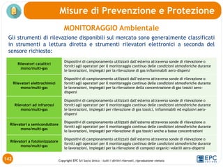 Copyright EPC Srl Socio Unico – tutti i diritti riservati, riproduzione vietata
MONITORAGGIO Ambientale
Gli strumenti di rilevazione disponibili sul mercato sono generalmente classificati
in strumenti a lettura diretta e strumenti rilevatori elettronici a seconda del
sensore richiesto:
142
Misure di Prevenzione e Protezione
Rilevatori catalitici
mono/multi-gas
Dispositivi di campionamento utilizzati dall’esterno attraverso sonde di rilevazione o
forniti agli operatori per il monitoraggio continuo delle condizioni atmosferiche durante
le lavorazioni, impiegati per la rilevazione di gas infiammabili aero-dispersi
Rilevatori elettrochimici
mono/multi-gas
Dispositivi di campionamento utilizzati dall’esterno attraverso sonde di rilevazione o
forniti agli operatori per il monitoraggio continuo delle condizioni atmosferiche durante
le lavorazioni, impiegati per la rilevazione della concentrazione di gas tossici aero-
dispersi
Rilevatori ad infrarossi
mono/multi-gas
Dispositivi di campionamento utilizzati dall’esterno attraverso sonde di rilevazione o
forniti agli operatori per il monitoraggio continuo delle condizioni atmosferiche durante
le lavorazioni, impiegati per rilevazione di gas tossici, infiammabili ed esplosivi aero-
dispersi
Rilevatori a semiconduttore
mono/multi-gas
Dispositivi di campionamento utilizzati dall’esterno attraverso sonde di rilevazione o
forniti agli operatori per il monitoraggio continuo delle condizioni atmosferiche durante
le lavorazioni, impiegati per rilevazione di gas tossici anche a basse concentrazioni
Rilevatori a fotoionizzatore
mono/multi-gas
Dispositivi di campionamento utilizzati dall’esterno attraverso sonde di rilevazione o
forniti agli operatori per il monitoraggio continuo delle condizioni atmosferiche durante
le lavorazioni, impiegati per la rilevazione di composti organici volatili aero-dispersi
 