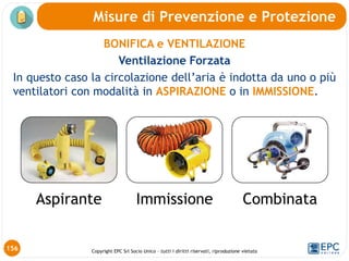 Copyright EPC Srl Socio Unico – tutti i diritti riservati, riproduzione vietata
BONIFICA e VENTILAZIONE
Ventilazione Forzata
In questo caso la circolazione dell’aria è indotta da uno o più
ventilatori con modalità in ASPIRAZIONE o in IMMISSIONE.
Aspirante Immissione Combinata
156
Misure di Prevenzione e Protezione
 
