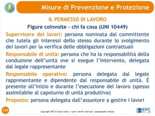 Copyright EPC Srl Socio Unico – tutti i diritti riservati, riproduzione vietata
IL PERMESSO DI LAVORO
Figure coinvolte – chi fa cosa (UNI 10449)
Supervisore dei lavori: persona nominata dal committente
che tutela gli interessi dello stesso durante lo svolgimento
dei lavori per la verifica delle obbligazioni contrattuali
Responsabile di unità: persona che ha la responsabilità della
conduzione dell’unità ove si esegue l’intervento, delegata
dal legale rappresentante
Responsabile operativo: persona delegata dal legale
rappresentante e dipendente dal responsabile di unità. È
presente all’inizio e durante l’esecuzione del lavoro (spesso
assimilabile al capoturno di unità produttiva)
Preposto: persona delegata dall’assuntore a gestire i lavori
Misure di Prevenzione e Protezione
159
 