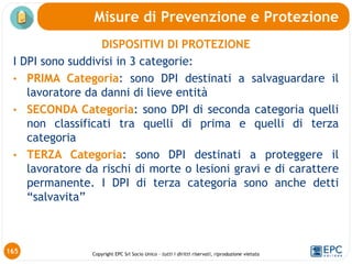 Copyright EPC Srl Socio Unico – tutti i diritti riservati, riproduzione vietata
DISPOSITIVI DI PROTEZIONE
I DPI sono suddivisi in 3 categorie:
• PRIMA Categoria: sono DPI destinati a salvaguardare il
lavoratore da danni di lieve entità
• SECONDA Categoria: sono DPI di seconda categoria quelli
non classificati tra quelli di prima e quelli di terza
categoria
• TERZA Categoria: sono DPI destinati a proteggere il
lavoratore da rischi di morte o lesioni gravi e di carattere
permanente. I DPI di terza categoria sono anche detti
“salvavita”
165
Misure di Prevenzione e Protezione
 