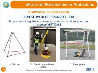 Copyright EPC Srl Socio Unico – tutti i diritti riservati, riproduzione vietata
Misure di Prevenzione e Protezione
1. Tripode 2. Braccio gru su base a
collare
3. Porta gantry
169
DISPOSITIVI DI PROTEZIONE
DISPOSITIVI DI ACCESSO/RECUPERO
Si riportano di seguito alcuni esempi di dispositivi di recupero con
accesso VERTICALE
 