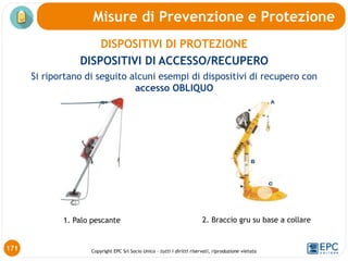 Copyright EPC Srl Socio Unico – tutti i diritti riservati, riproduzione vietata
Misure di Prevenzione e Protezione
2. Braccio gru su base a collare
1. Palo pescante
171
DISPOSITIVI DI PROTEZIONE
DISPOSITIVI DI ACCESSO/RECUPERO
Si riportano di seguito alcuni esempi di dispositivi di recupero con
accesso OBLIQUO
 