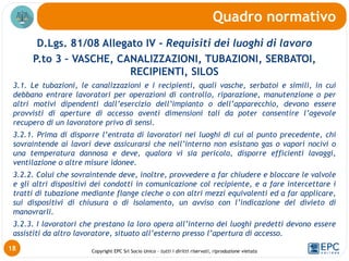 Copyright EPC Srl Socio Unico – tutti i diritti riservati, riproduzione vietata
D.Lgs. 81/08 Allegato IV - Requisiti dei luoghi di lavoro
P.to 3 – VASCHE, CANALIZZAZIONI, TUBAZIONI, SERBATOI,
RECIPIENTI, SILOS
3.1. Le tubazioni, le canalizzazioni e i recipienti, quali vasche, serbatoi e simili, in cui
debbano entrare lavoratori per operazioni di controllo, riparazione, manutenzione o per
altri motivi dipendenti dall’esercizio dell’impianto o dell’apparecchio, devono essere
provvisti di aperture di accesso aventi dimensioni tali da poter consentire l’agevole
recupero di un lavoratore privo di sensi.
3.2.1. Prima di disporre l’entrata di lavoratori nei luoghi di cui al punto precedente, chi
sovraintende ai lavori deve assicurarsi che nell’interno non esistano gas o vapori nocivi o
una temperatura dannosa e deve, qualora vi sia pericolo, disporre efficienti lavaggi,
ventilazione o altre misure idonee.
3.2.2. Colui che sovraintende deve, inoltre, provvedere a far chiudere e bloccare le valvole
e gli altri dispositivi dei condotti in comunicazione col recipiente, e a fare intercettare i
tratti di tubazione mediante flange cieche o con altri mezzi equivalenti ed a far applicare,
sui dispositivi di chiusura o di isolamento, un avviso con l’indicazione del divieto di
manovrarli.
3.2.3. I lavoratori che prestano la loro opera all’interno dei luoghi predetti devono essere
assistiti da altro lavoratore, situato all’esterno presso l’apertura di accesso.
Quadro normativo
18
 