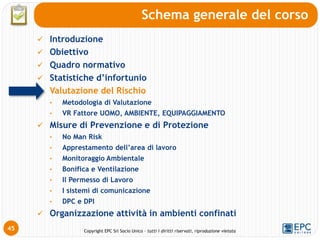 Copyright EPC Srl Socio Unico – tutti i diritti riservati, riproduzione vietata
45
Schema generale del corso
 Introduzione
 Obiettivo
 Quadro normativo
 Statistiche d’infortunio
Valutazione del Rischio
• Metodologia di Valutazione
• VR Fattore UOMO, AMBIENTE, EQUIPAGGIAMENTO
 Misure di Prevenzione e di Protezione
• No Man Risk
• Apprestamento dell’area di lavoro
• Monitoraggio Ambientale
• Bonifica e Ventilazione
• Il Permesso di Lavoro
• I sistemi di comunicazione
• DPC e DPI
 Organizzazione attività in ambienti confinati
 