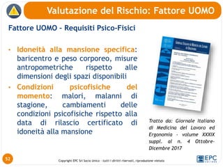 Copyright EPC Srl Socio Unico – tutti i diritti riservati, riproduzione vietata
Fattore UOMO – Requisiti Psico-Fisici
• Idoneità alla mansione specifica:
baricentro e peso corporeo, misure
antropometriche rispetto alle
dimensioni degli spazi disponibili
• Condizioni psicofisiche del
momento: malori, malanni di
stagione, cambiamenti delle
condizioni psicofisiche rispetto alla
data di rilascio certificato di
idoneità alla mansione
Valutazione del Rischio: Fattore UOMO
52
Tratto da: Giornale Italiano
di Medicina del Lavoro ed
Ergonomia - volume XXXIX
suppl. al n. 4 Ottobre-
Dicembre 2017
 
