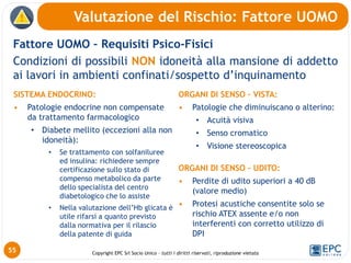 Copyright EPC Srl Socio Unico – tutti i diritti riservati, riproduzione vietata
Fattore UOMO – Requisiti Psico-Fisici
Condizioni di possibili NON idoneità alla mansione di addetto
ai lavori in ambienti confinati/sospetto d’inquinamento
Valutazione del Rischio: Fattore UOMO
55
SISTEMA ENDOCRINO:
• Patologie endocrine non compensate
da trattamento farmacologico
• Diabete mellito (eccezioni alla non
idoneità):
• Se trattamento con solfaniluree
ed insulina: richiedere sempre
certificazione sullo stato di
compenso metabolico da parte
dello specialista del centro
diabetologico che lo assiste
• Nella valutazione dell’Hb glicata è
utile rifarsi a quanto previsto
dalla normativa per il rilascio
della patente di guida
ORGANI DI SENSO – VISTA:
• Patologie che diminuiscano o alterino:
• Acuità visiva
• Senso cromatico
• Visione stereoscopica
ORGANI DI SENSO – UDITO:
• Perdite di udito superiori a 40 dB
(valore medio)
• Protesi acustiche consentite solo se
rischio ATEX assente e/o non
interferenti con corretto utilizzo di
DPI
 