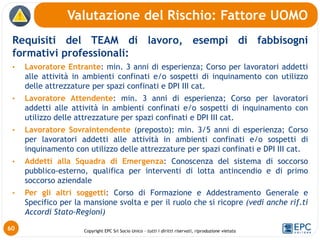 Copyright EPC Srl Socio Unico – tutti i diritti riservati, riproduzione vietata
Requisiti del TEAM di lavoro, esempi di fabbisogni
formativi professionali:
• Lavoratore Entrante: min. 3 anni di esperienza; Corso per lavoratori addetti
alle attività in ambienti confinati e/o sospetti di inquinamento con utilizzo
delle attrezzature per spazi confinati e DPI III cat.
• Lavoratore Attendente: min. 3 anni di esperienza; Corso per lavoratori
addetti alle attività in ambienti confinati e/o sospetti di inquinamento con
utilizzo delle attrezzature per spazi confinati e DPI III cat.
• Lavoratore Sovraintendente (preposto): min. 3/5 anni di esperienza; Corso
per lavoratori addetti alle attività in ambienti confinati e/o sospetti di
inquinamento con utilizzo delle attrezzature per spazi confinati e DPI III cat.
• Addetti alla Squadra di Emergenza: Conoscenza del sistema di soccorso
pubblico-esterno, qualifica per interventi di lotta antincendio e di primo
soccorso aziendale
• Per gli altri soggetti: Corso di Formazione e Addestramento Generale e
Specifico per la mansione svolta e per il ruolo che si ricopre (vedi anche rif.ti
Accordi Stato-Regioni)
Valutazione del Rischio: Fattore UOMO
60
 
