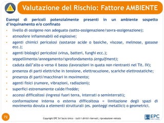 Copyright EPC Srl Socio Unico – tutti i diritti riservati, riproduzione vietata
Esempi di pericoli potenzialmente presenti in un ambiente sospetto
d’inquinamento e/o confinato
• livello di ossigeno non adeguato (sotto-ossigenazione/sovra-ossigenazione);
• atmosfere infiammabili ed esplosive;
• agenti chimici pericolosi (sostanze acide o basiche, viscose, melmose, gassose
ecc.);
• agenti biologici pericolosi (virus, batteri, funghi ecc.);
• seppellimento/annegamento/sprofondamento (engulfment);
• caduta dall’alto o verso il basso (lavorazioni in quota non rientranti nel Tit. IV);
• presenza di parti elettriche in tensione, elettrocuzione, scariche elettrostatiche;
• presenza di parti/macchinari in movimento;
• agenti fisici (rumore, vibrazioni, radiazioni);
• superfici estremamente calde/fredde;
• accessi difficoltosi (ingressi fuori terra, interrati o seminterrati);
• conformazione interna o esterna difficoltosa = limitazione degli spazi di
movimento dovuta a elementi strutturali (es. ponteggi metallici) o geometrici.
Valutazione del Rischio: Fattore AMBIENTE
72
 