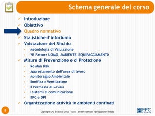 Copyright EPC Srl Socio Unico – tutti i diritti riservati, riproduzione vietata
8
Schema generale del corso
 Introduzione
 Obiettivo
Quadro normativo
 Statistiche d’infortunio
 Valutazione del Rischio
• Metodologia di Valutazione
• VR Fattore UOMO, AMBIENTE, EQUIPAGGIAMENTO
 Misure di Prevenzione e di Protezione
• No Man Risk
• Apprestamento dell’area di lavoro
• Monitoraggio Ambientale
• Bonifica e Ventilazione
• Il Permesso di Lavoro
• I sistemi di comunicazione
• DPC e DPI
 Organizzazione attività in ambienti confinati
 