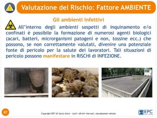 Copyright EPC Srl Socio Unico – tutti i diritti riservati, riproduzione vietata
Gli ambienti infettivi
All’interno degli ambienti sospetti di inquinamento e/o
confinati è possibile la formazione di numerosi agenti biologici
(acari, batteri, microrganismi patogeni e non, tossine ecc.) che
possono, se non correttamente valutati, divenire una potenziale
fonte di pericolo per la salute dei lavoratori. Tali situazioni di
pericolo possono manifestare in RISCHI di INFEZIONE.
Valutazione del Rischio: Fattore AMBIENTE
87
 