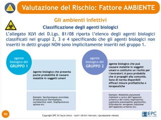 Copyright EPC Srl Socio Unico – tutti i diritti riservati, riproduzione vietata
Gli ambienti infettivi
Classificazione degli agenti biologici
L’allegato XLVI del D.Lgs. 81/08 riporta l’elenco degli agenti biologici
classificati nei gruppi 2, 3 e 4 specificando che gli agenti biologici non
inseriti in detti gruppi NON sono implicitamente inseriti nel gruppo 1.
Valutazione del Rischio: Fattore AMBIENTE
90
Agente biologico che presenta
poche probabilità di causare
malattie in soggetti umani
Esempio: Saccharomyces cerevisiae,
Streptococcus thermophylus,
Lactobacillus casei, Staphycococcus
xylosus ecc.
agente
biologico del
GRUPPO 1
agente biologico che può
causare malattie in soggetti
umani e costituire un rischio per
i lavoratori; è poco probabile
che si propaghi alla comunità.
Sono di norma disponibili
efficaci misure profilattiche o
terapeutiche
Esempio: Klebsiella pneumonie
(infezioni a carico dell’apparato
urinario e del tratto respiratorio),
Legionella pneumophila (polmonite),
Enterobacter aerogenes (infezione
dell’apparato urinario) ecc.
agente
biologico del
GRUPPO 2
 