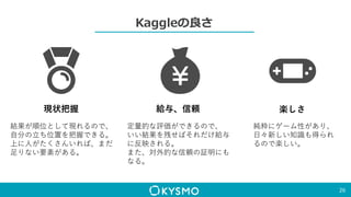 Kaggleの良さ
26
現状把握
結果が順位として現れるので、
自分の立ち位置を把握できる。
上に人がたくさんいれば、まだ
足りない要素がある。
給与、信頼
定量的な評価ができるので、
いい結果を残せばそれだけ給与
に反映される。
また、対外的な信頼の証明にも
なる。
楽しさ
純粋にゲーム性があり、
日々新しい知識も得られ
るので楽しい。
 