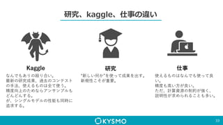研究、kaggle、仕事の違い
33
Kaggle
なんでもありの殴り合い。
最新の研究成果、過去のコンテスト
の手法、使えるものは全て使う。
精度向上のためならアンサンブルも
どんどんする。
が、シングルモデルの性能も同時に
追求する。
研究
“新しい何か”を使って成果を出す。
新規性こそが重要。
仕事
使えるものはなんでも使って良
い。
精度も高い方が良い。
ただ、計算資源の制約が強く、
説明性が求められることも多い。
 