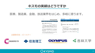 キスモの実績はどうですか
医療、製造業、金融、放送業界をはじめ、多岐に渡ります。
3
主要取引先・パートナー
 