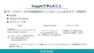 Kaggleで学んだこと
 テーブルデータの特徴量整形(ここはたくさんあるので一部抜粋)
 Agg系
 Target Encoding
 モデルベース系
52
Agg系
カテゴリーに対して値を埋め込む。
例：男性の購入金額の平均
食料品の価格の平均
Target Encoding
カテゴリーに対して
Targetの値を埋め込む。
例：自営業の人のTarget平均
モデルベース系
欠損値が多い重要な特徴
の値を他の特徴から予測。
その他にも、このデータではこういう特徴を使ったみたいなものがあるので、特徴量整形の手札は
爆発的に増える。
 