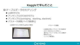 Kaggleで学んだこと
 テーブルデータのモデリング
 LGBMすげえ
 アンサンブルのためのモデル
 アンサンブル(averaging、stacking, stacknet)
 パラメータ調整(ベイズ最適化)
53
LGBMすげえ-KDD Cup4位の解放 パラメータ調整
LGBMは特にパラメータで結果が
大きく変わることが多い。
適切なパラメータをいかに自動で
探索するか。
->ベイズ最適化
 