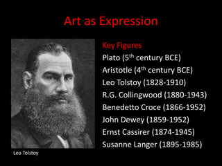 Art as ExpressionKey FiguresPlato (5th century BCE)Aristotle (4th century BCE)Leo Tolstoy (1828-1910)R.G. Collingwood (1880-1943)Benedetto Croce (1866-1952)John Dewey (1859-1952)Ernst Cassirer (1874-1945)Susanne Langer (1895-1985)Leo Tolstoy