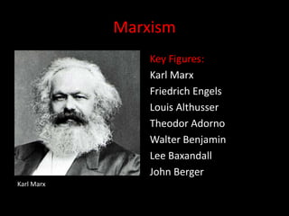 MarxismKey Figures:Karl MarxFriedrich EngelsLouis AlthusserTheodor AdornoWalter BenjaminLee BaxandallJohn BergerKarl Marx