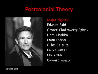 Postcolonial TheoryMajor Figures:Edward SaidGayatriChakravortySpivakHomiBhabhaFranz FanonGilles DeleuzeFelix GuattariChris OfiliOkwuiEnwezorEdward Said