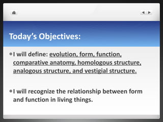 Today’s Objectives: I will define:  evolution, form, function, comparative anatomy, homologous structure, analogous structure, and vestigial structure. I will recognize the relationship between form and function in living things. 
