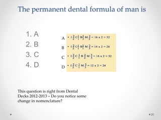 The permanent dental formula of man is 
20 
A 
B 
C 
D 
1. A 
2. B 
3. C 
4. D 
This question is right from Dental 
Decks 2012-2013 – Do you notice some 
change in nomenclature? 
 
