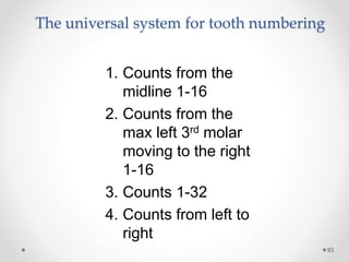 The universal system for tooth numbering 
93 
1. Counts from the 
midline 1-16 
2. Counts from the 
max left 3rd molar 
moving to the right 
1-16 
3. Counts 1-32 
4. Counts from left to 
right 
 