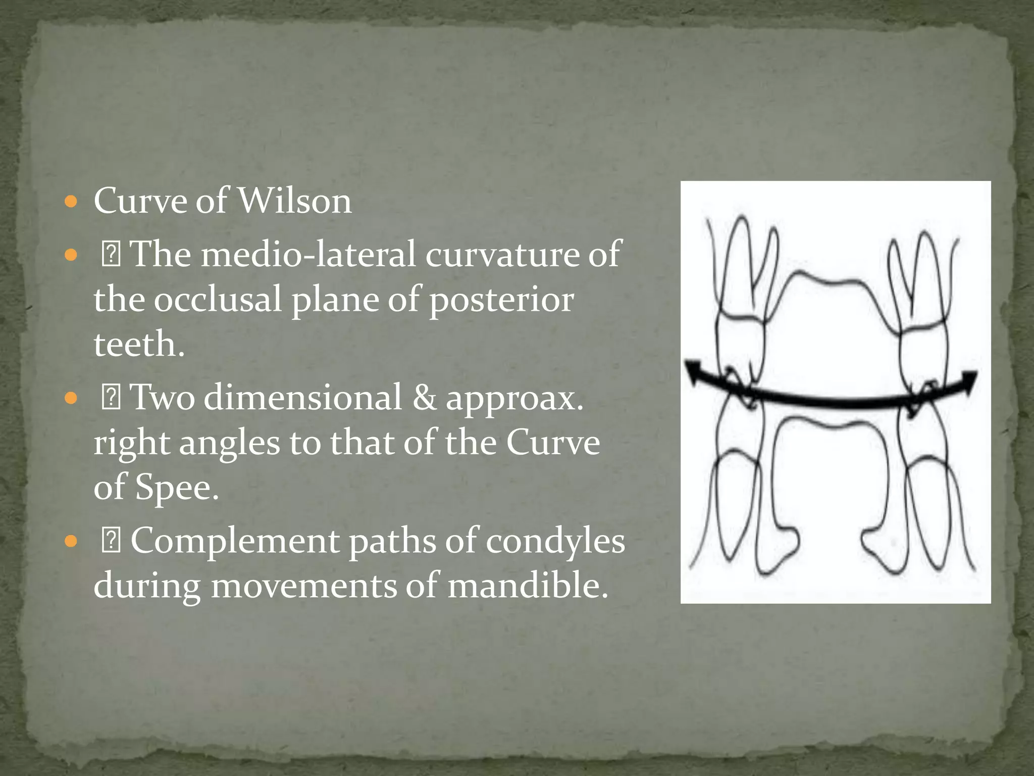  Curve of Wilson
 The medio-lateral curvature of
the occlusal plane of posterior
teeth.
 Two dimensional & approax.
right angles to that of the Curve
of Spee.
 Complement paths of condyles
during movements of mandible.
 