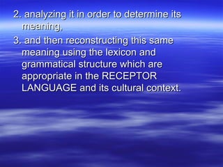 2. analyzing it in order to determine its meaning,  3. and then reconstructing this same meaning using the lexicon and grammatical structure which are appropriate in the RECEPTOR LANGUAGE and its cultural context. 